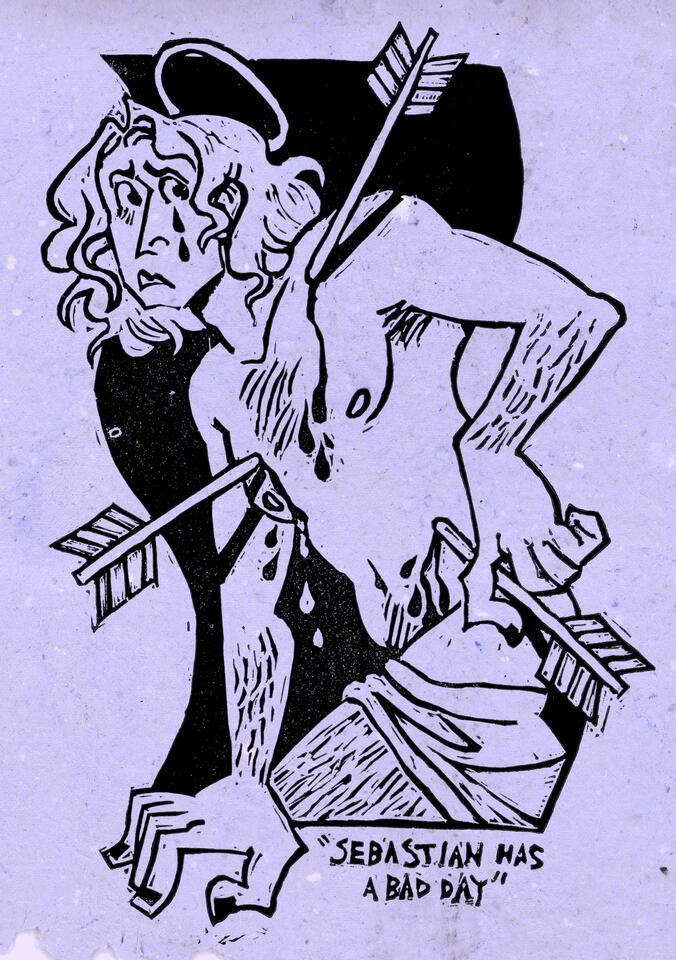 &#39;Sebastian has a Bad Day&#39;, linoprint on handmade paper, 2022